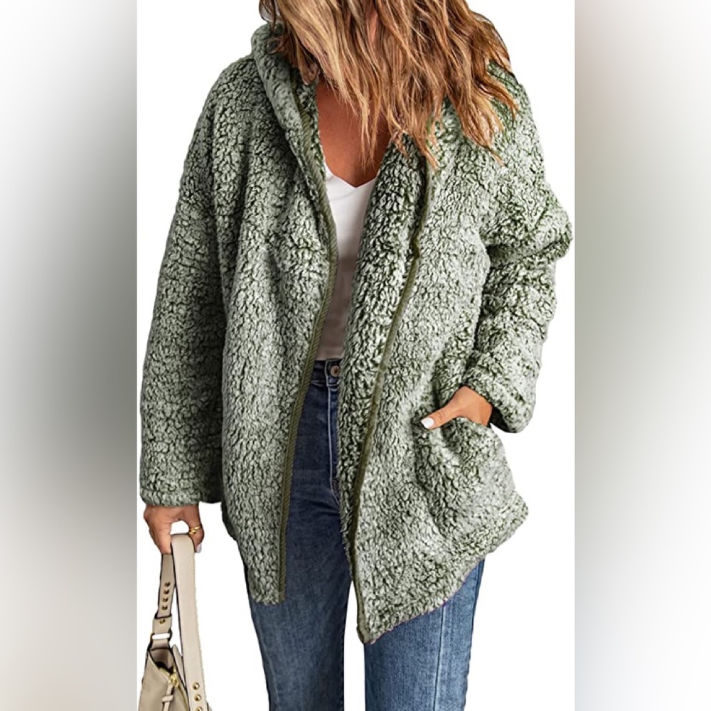 New Womens Winter Long Sleeve Fuzzy Fleece Open Front Hooded Jacket - Picture 1 of 1